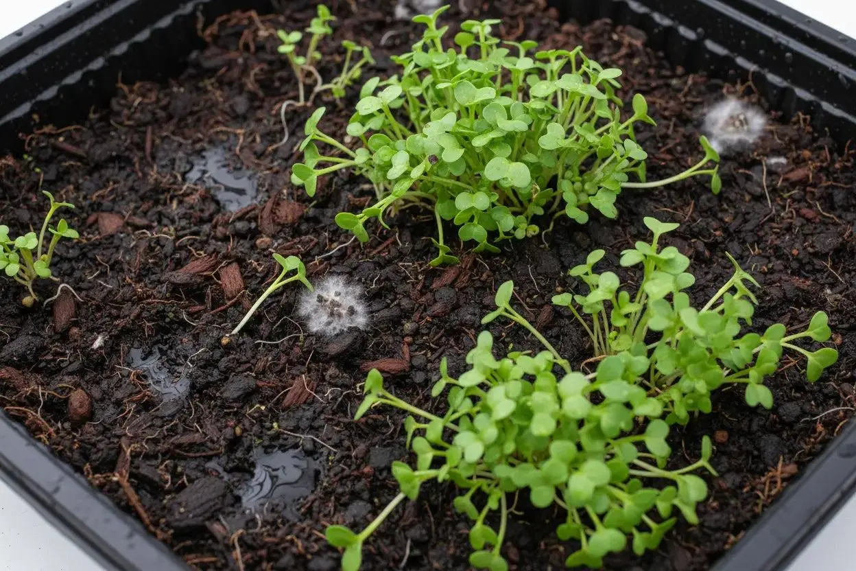 Home 25 Microgreens growing in a tray with a visible area of potential growing problems